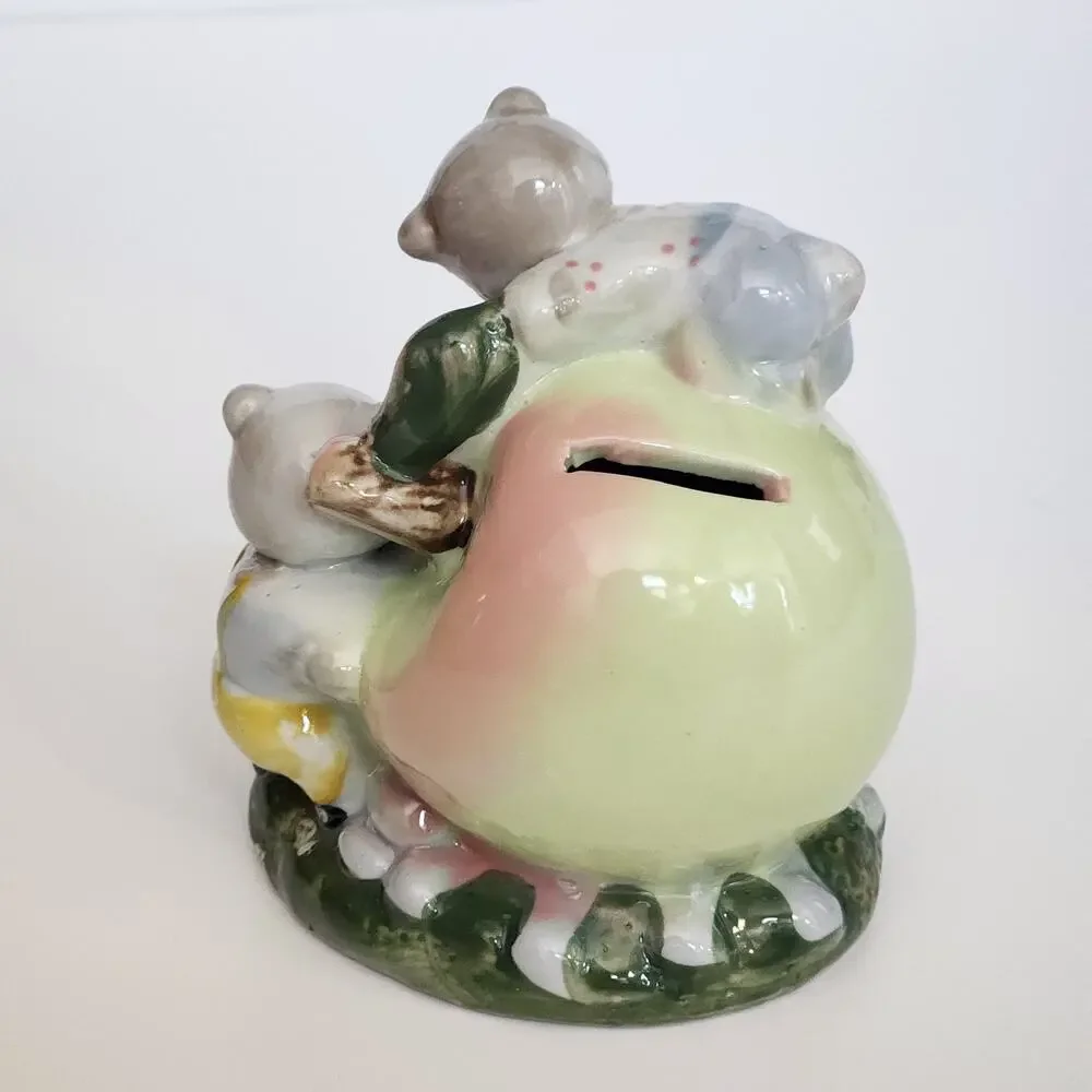 Vintage 1970s Ceramic Bear Clock Piggy Bank | Hand-Painted Pastel Nursery Decor